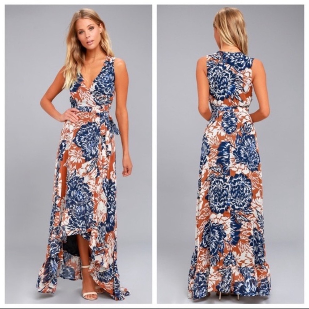 LuLus Desert Trip Rust Orange Floral High-Low Wrap Dress, Size Small
